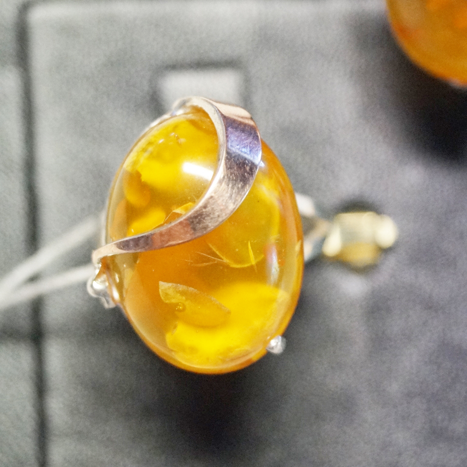 Unique handmade ring amber silver and gold