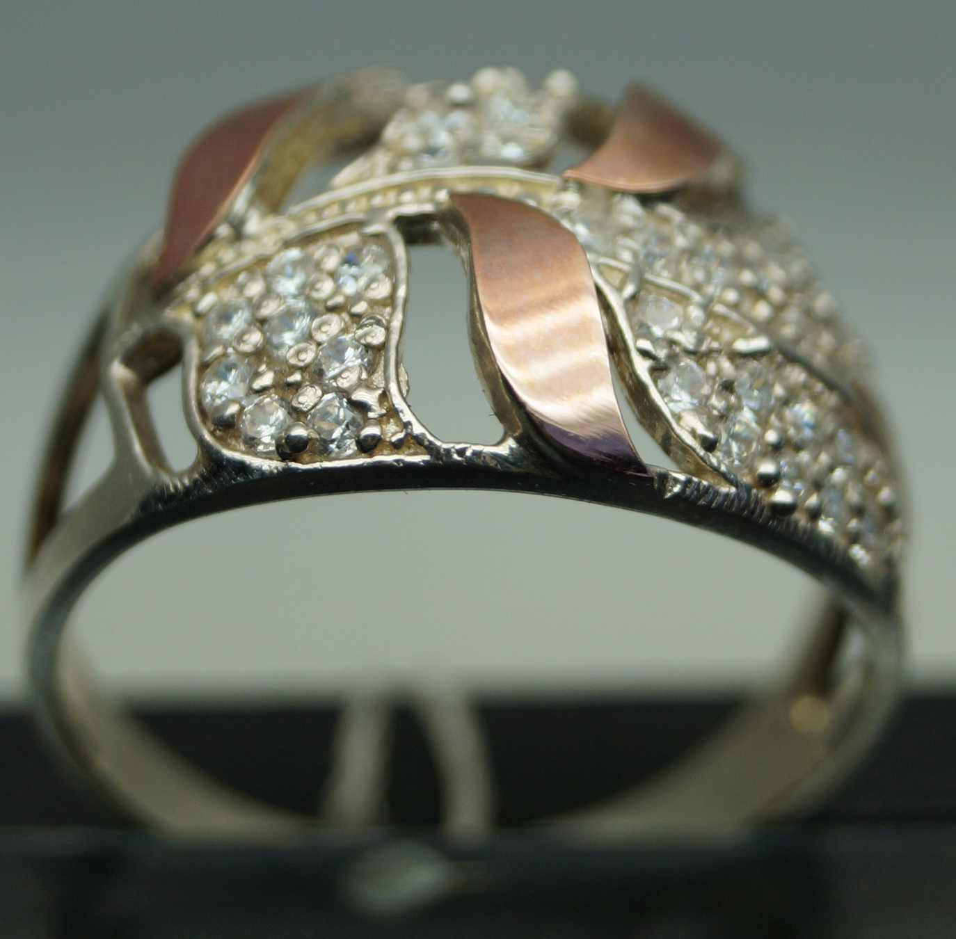 Unique handmade silver ring with gold applique and zircon